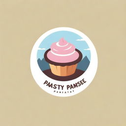 A whimsical yet professional logo for a bakery named 'Pastry Paradise', incorporating pastries like croissants, donuts and cupcakes in a paradise setting with trees and sunshine.