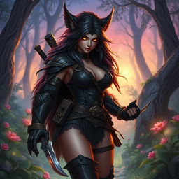 An enchanting female Bugbear Rogue with an alluring charm, featuring a lithe yet muscular figure, covered in rich, dark shaggy fur