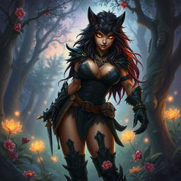 An enchanting female Bugbear Rogue with an alluring charm, featuring a lithe yet muscular figure, covered in rich, dark shaggy fur