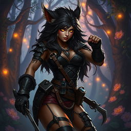 An enchanting female Bugbear Rogue with an alluring charm, featuring a lithe yet muscular figure, covered in rich, dark shaggy fur