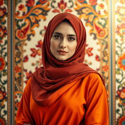 A beautifully composed portrait of a Muslim woman in a striking, elegant outfit, showcasing traditional Iranian clothing, set against a vibrant Persian backdrop