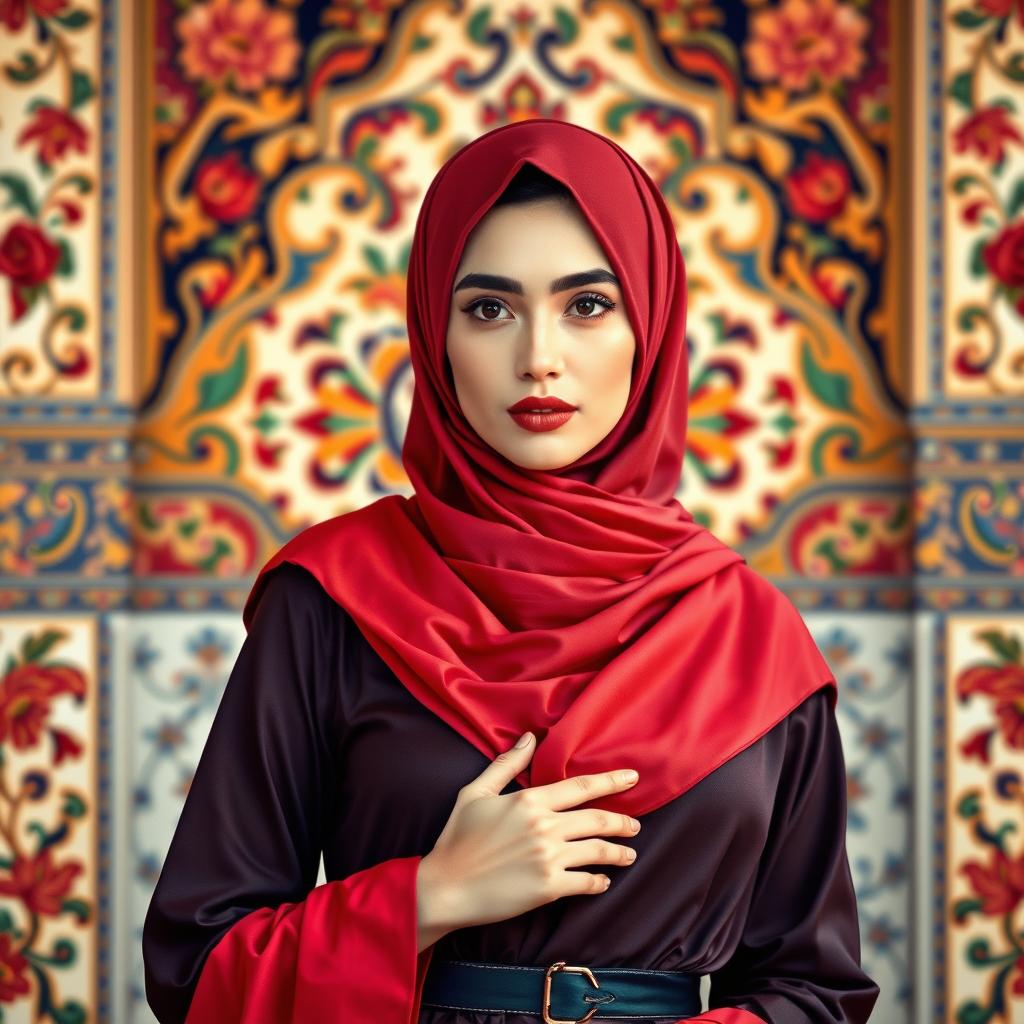 A beautifully composed portrait of a Muslim woman in a striking, elegant outfit, showcasing traditional Iranian clothing, set against a vibrant Persian backdrop