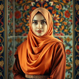 A beautifully composed portrait of a Muslim woman in a striking, elegant outfit, showcasing traditional Iranian clothing, set against a vibrant Persian backdrop