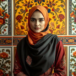 A beautifully composed portrait of a Muslim woman in a striking, elegant outfit, showcasing traditional Iranian clothing, set against a vibrant Persian backdrop