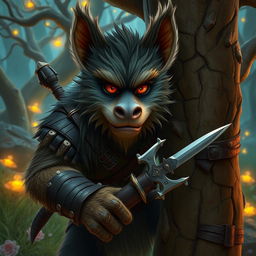 A furry Bugbear Rogue set in a vibrant fantasy world, showcasing a robust and agile form covered in thick, shaggy fur