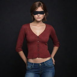 Enhance the image to portray an Indian girl, with rich and warm skin tones, short reddish-brown hair under a pirate-style black eyepatch, wearing a red top and jeans in a dark, mysterious setting.