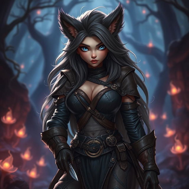 A furry enchanting female Bugbear Rogue set in a captivating fantasy world