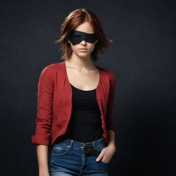 Enhance the image to portray an Indian girl, with rich and warm skin tones, short reddish-brown hair under a pirate-style black eyepatch, wearing a red top and jeans in a dark, mysterious setting.