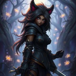 A furry enchanting female Bugbear Rogue set in a captivating fantasy world