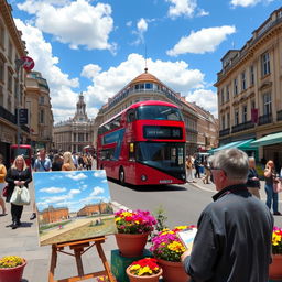 A vibrant city street featuring a classic double-decker red bus driving past historical buildings with ornate facades