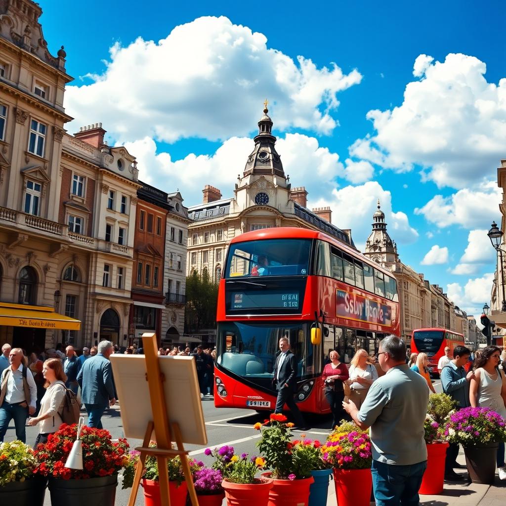 A vibrant city street featuring a classic double-decker red bus driving past historical buildings with ornate facades