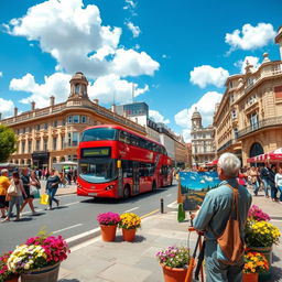 A vibrant city street featuring a classic double-decker red bus driving past historical buildings with ornate facades