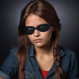 Enhance the image to portray an Indian girl, with rich and warm skin tones, short reddish-brown hair under a pirate-style black eyepatch, wearing a red top and jeans in a dark, mysterious setting.