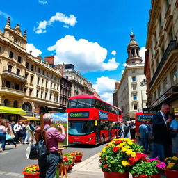 A vibrant city street featuring a classic double-decker red bus driving past historical buildings with ornate facades