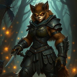 A furry 8ft tall female Bugbear Rogue in a captivating fantasy setting