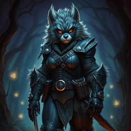 A furry 8ft tall female Bugbear Rogue in a captivating fantasy setting