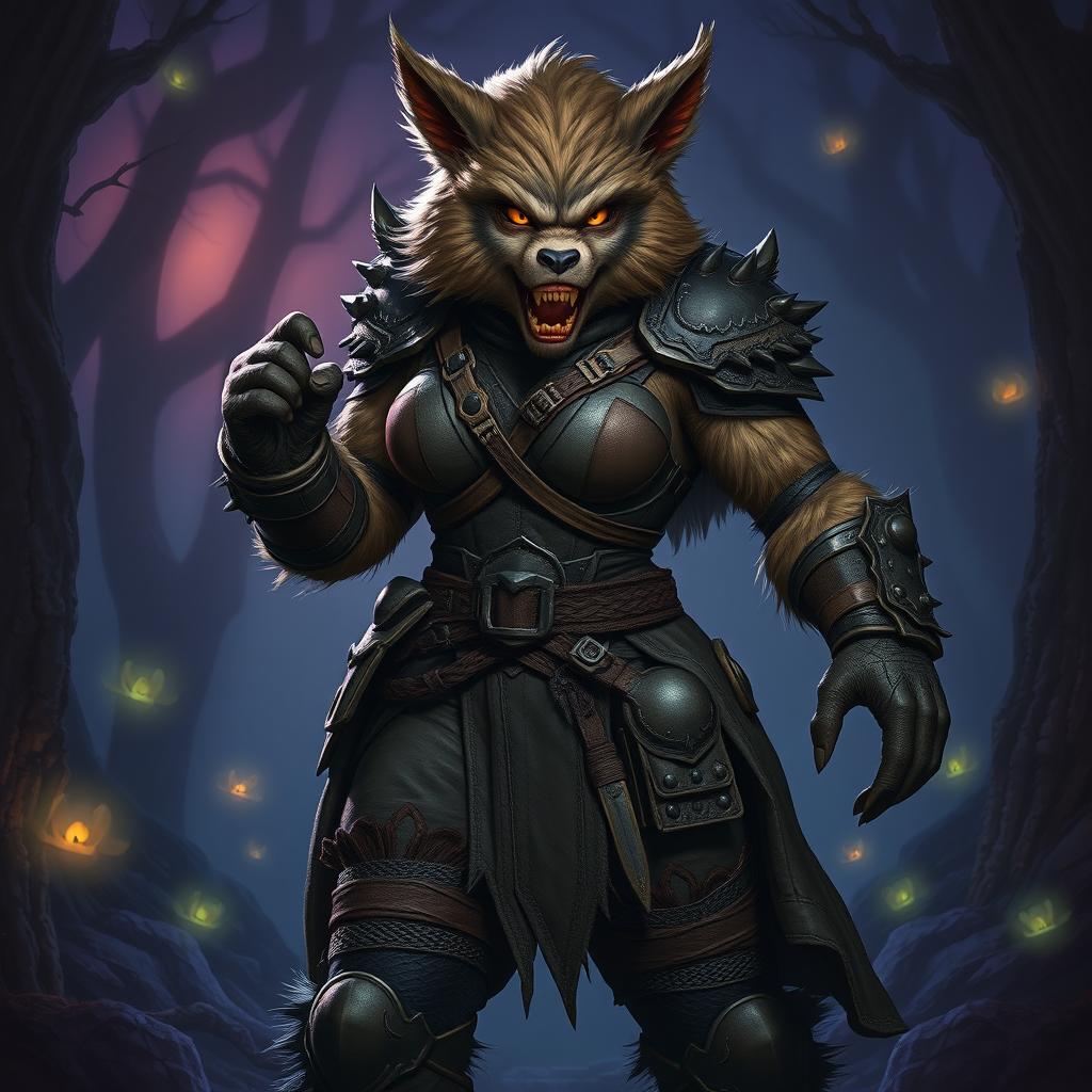 A furry 8ft tall female Bugbear Rogue in a captivating fantasy setting