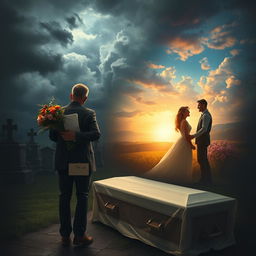 A poignant scene depicting a somber funeral where a heartbroken man, holding a bouquet of flowers and a piece of paper labeled 'The List', is walking towards a coffin