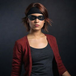 Enhance the image to portray an Indian girl, with rich and warm skin tones, short reddish-brown hair under a pirate-style black eyepatch, wearing a red top and jeans in a dark, mysterious setting.