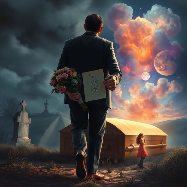 A poignant scene depicting a somber funeral where a heartbroken man, holding a bouquet of flowers and a piece of paper labeled 'The List', is walking towards a coffin