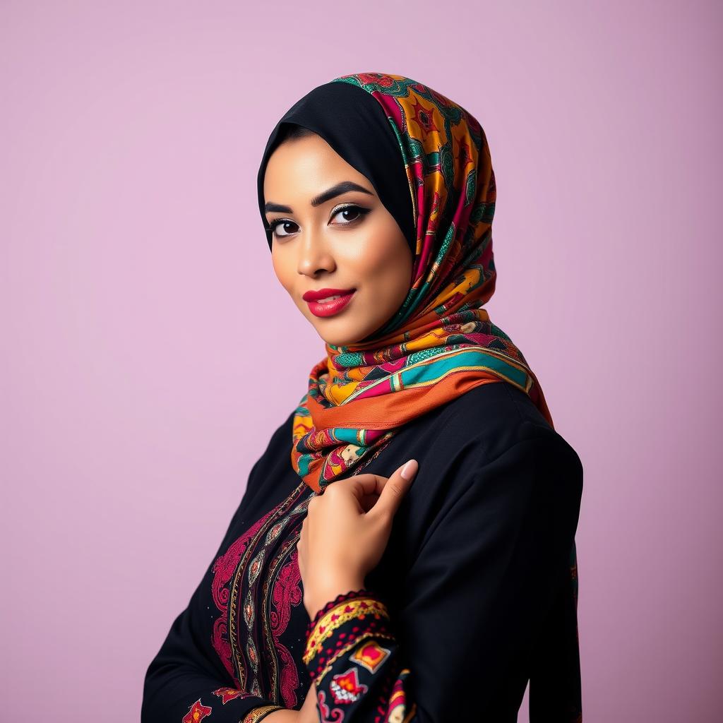 A fashionable Muslim woman elegantly wearing a colorful hijab that contrasts beautifully with her stylish outfit