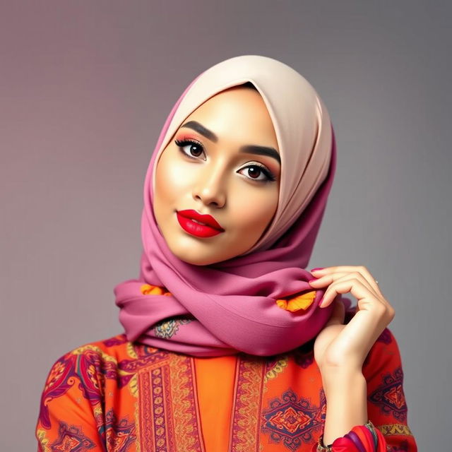 A fashionable Muslim woman elegantly wearing a colorful hijab that contrasts beautifully with her stylish outfit