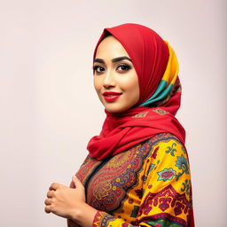 A fashionable Muslim woman elegantly wearing a colorful hijab that contrasts beautifully with her stylish outfit