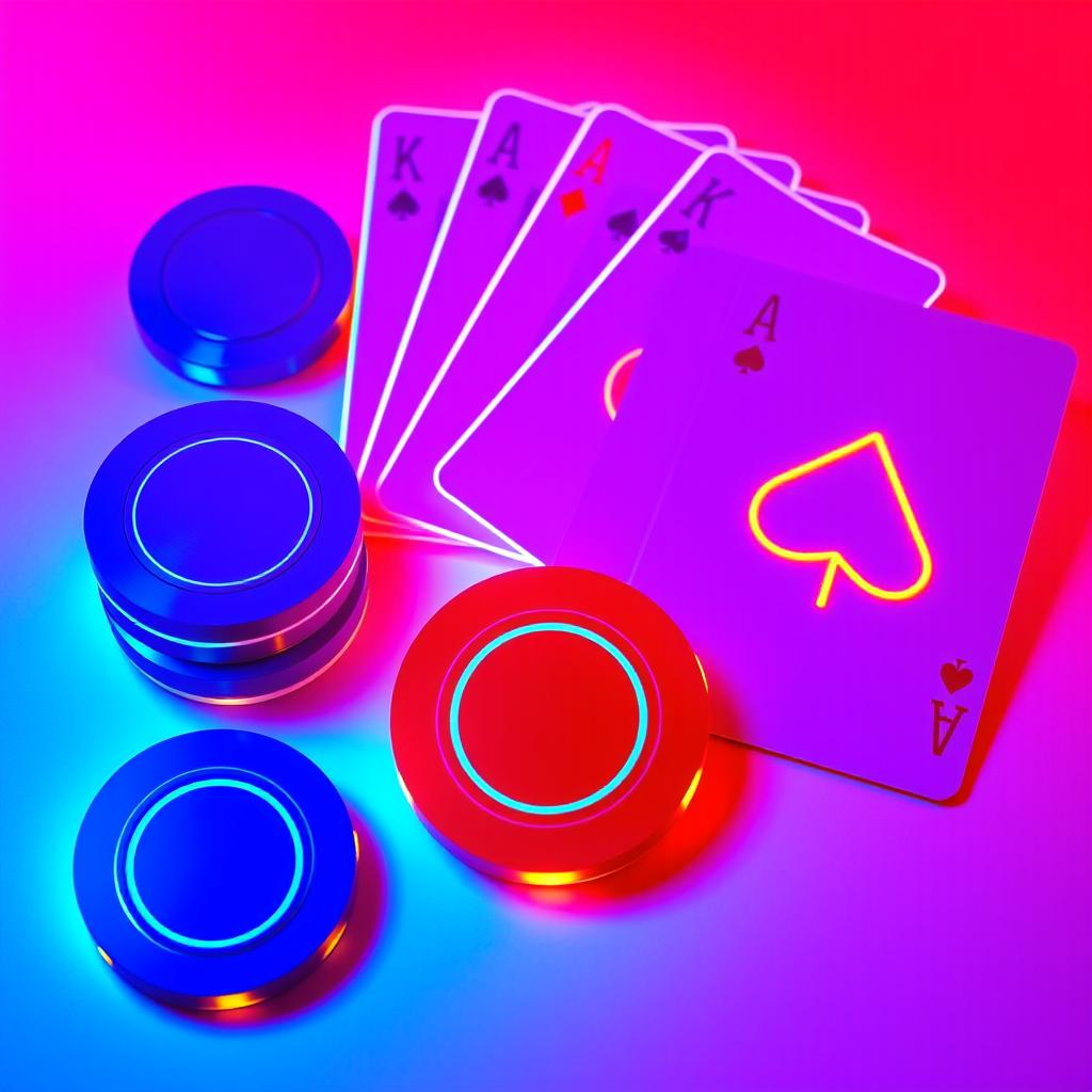 A visually striking arrangement of flat colored betting chips and playing cards, featuring vibrant neon hues of blue, red, and purple