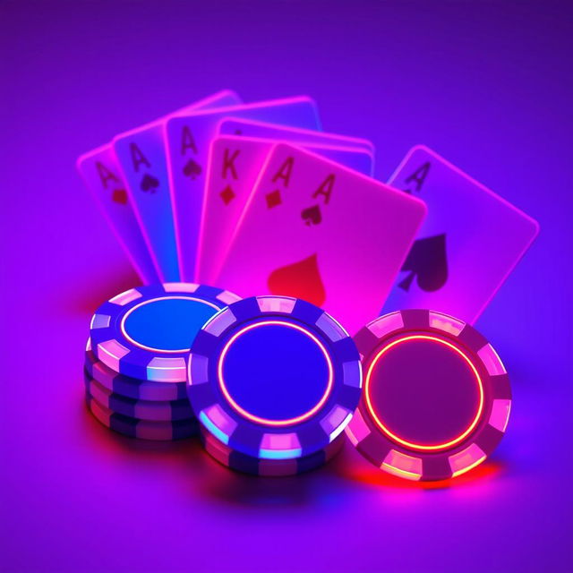 A visually striking arrangement of flat colored betting chips and playing cards, featuring vibrant neon hues of blue, red, and purple