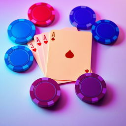 A visually striking arrangement of flat colored betting chips and playing cards, featuring vibrant neon hues of blue, red, and purple