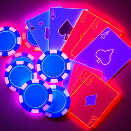 A visually striking arrangement of flat colored betting chips and playing cards, featuring vibrant neon hues of blue, red, and purple