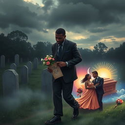 A poignant scene depicting a somber funeral where a black man, visibly heartbroken, is walking towards a coffin while holding a bouquet of flowers and a piece of paper labeled 'The List'