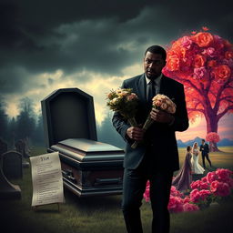 A poignant scene depicting a somber funeral where a black man, visibly heartbroken, is walking towards a coffin while holding a bouquet of flowers and a piece of paper labeled 'The List'