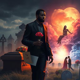 A poignant scene depicting a somber funeral where a black man, visibly heartbroken, is walking towards a coffin while holding a bouquet of flowers and a piece of paper labeled 'The List'