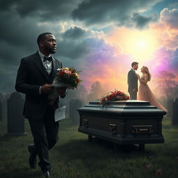 A poignant scene depicting a somber funeral where a black man, visibly heartbroken, is walking towards a coffin while holding a bouquet of flowers and a piece of paper labeled 'The List'