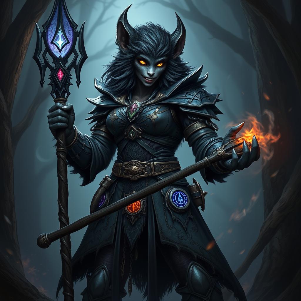 A towering, 8-foot tall female bugbear rogue sorcerer with luxurious black fur, dressed in intricately designed dark leather armor adorned with mystical symbols