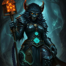 A towering, 8-foot tall female bugbear rogue sorcerer with luxurious black fur, dressed in intricately designed dark leather armor adorned with mystical symbols