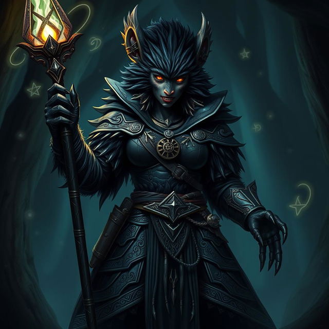 A towering, 8-foot tall female bugbear rogue sorcerer with luxurious black fur, dressed in intricately designed dark leather armor adorned with mystical symbols