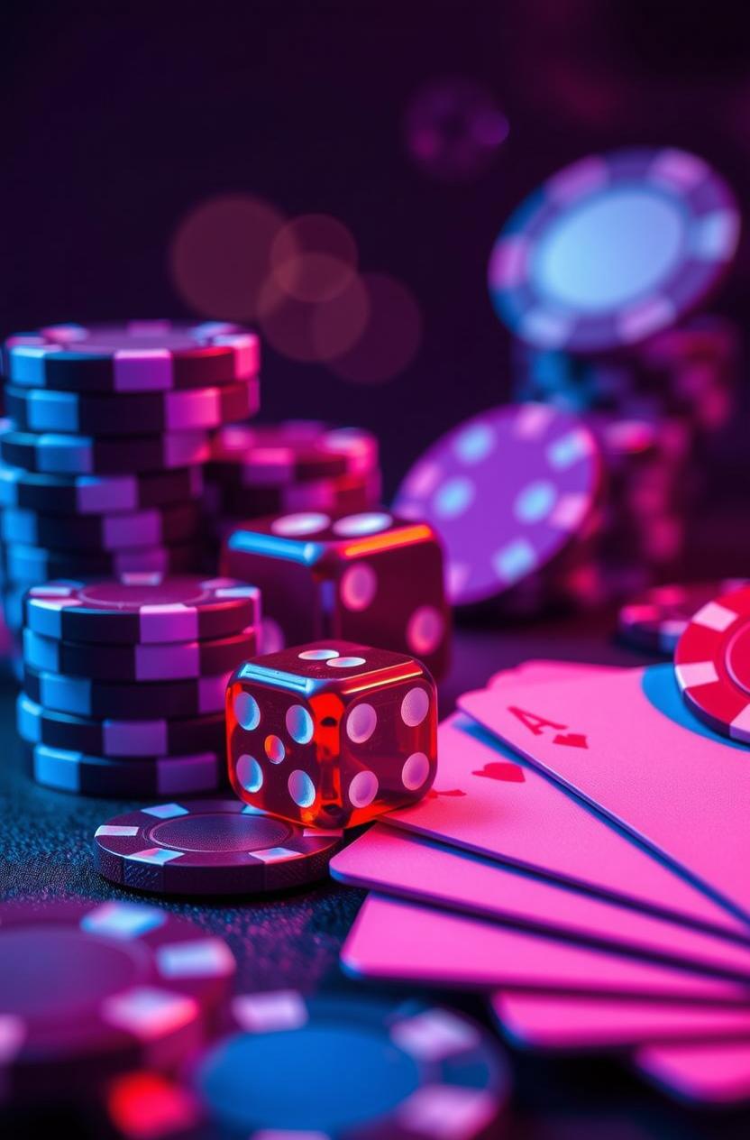 A vibrant and futuristic arrangement of flat colored betting chips and playing cards, with blue, red, and purple hues blending seamlessly