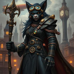 A striking 8-foot tall female bugbear rogue sorcerer with sleek black fur, styled with steampunk elements