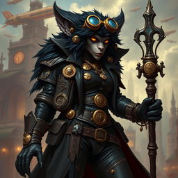 A striking 8-foot tall female bugbear rogue sorcerer with sleek black fur, styled with steampunk elements