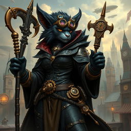 A striking 8-foot tall female bugbear rogue sorcerer with sleek black fur, styled with steampunk elements