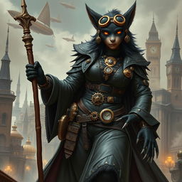 A striking 8-foot tall female bugbear rogue sorcerer with sleek black fur, styled with steampunk elements