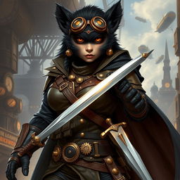 An imposing 8-foot tall female bugbear rogue with sleek black fur, exuding a blend of mystery and strength