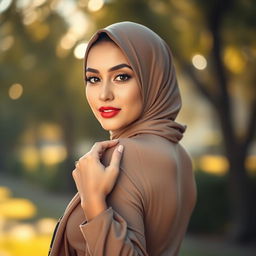 A beautiful, confident Middle-Eastern woman wearing an elegant hijab, showcasing her curves in a fashionable outfit