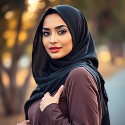 A beautiful, confident Middle-Eastern woman wearing an elegant hijab, showcasing her curves in a fashionable outfit