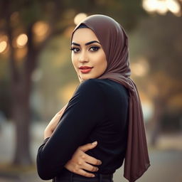 A beautiful, confident Middle-Eastern woman wearing an elegant hijab, showcasing her curves in a fashionable outfit