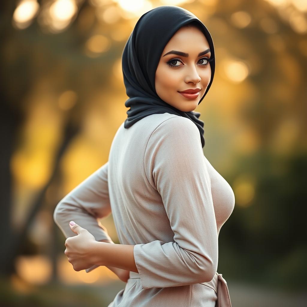 A beautiful, confident Middle-Eastern woman wearing an elegant hijab, showcasing her curves in a fashionable outfit