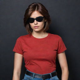 The Indian girl, with her rich warm skin tones and short reddish-brown hair tucked beneath a pirate-style black eyepatch, is now wearing a vibrant red t-shirt paired with jeans in a dark, enigmatic setting.