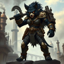 An impressive 8-foot tall female bugbear rogue, featuring sleek black fur and dressed in a detailed steampunk outfit, complete with gears, brass embellishments, and intricate patterns